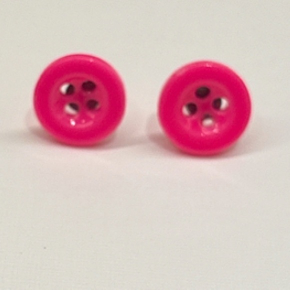 Hot Pink Button Earrings - Picture 2 of 3